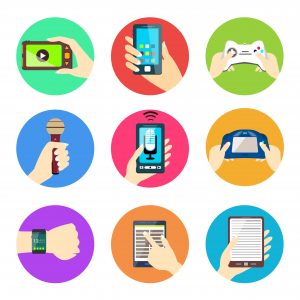 Human hands set holding mobile phones and electronic devices isolated vector illustration.